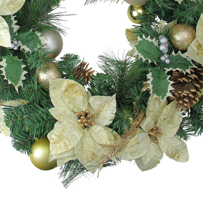 Gold Eucalyptus and Poinsettia Wreath with Holly Berries 24 Inch Unlit