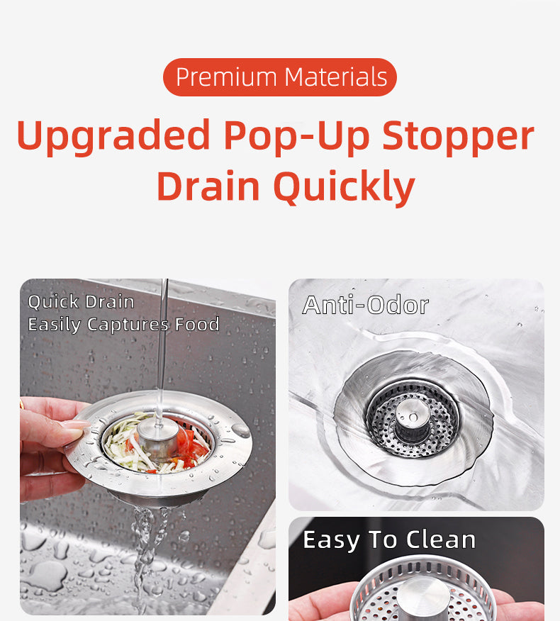 Pop Up Drain Strainer with Steel Mesh Basket and Button Control for 3.5 Inch Kitchen Sinks