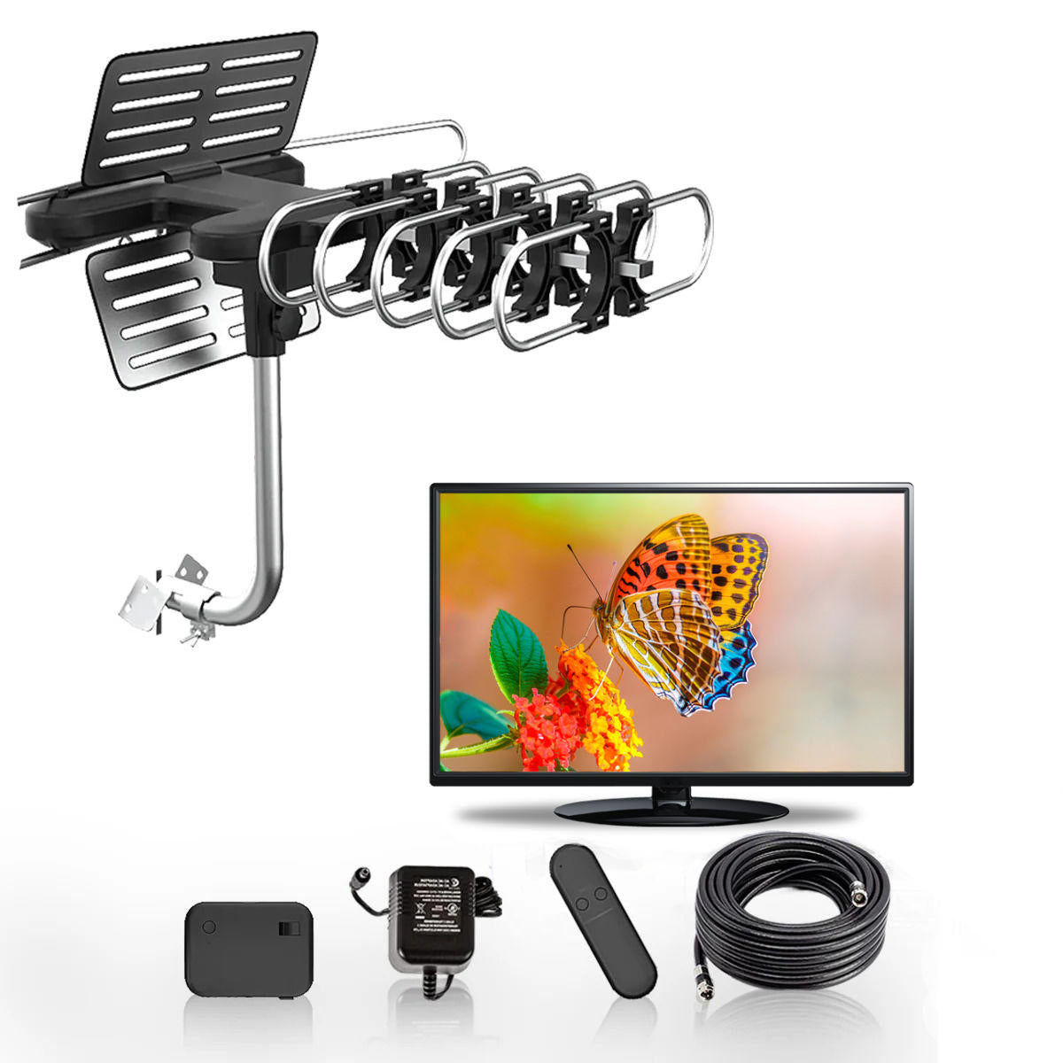 Motorized HD TV Antenna with 360 Degree Rotation and Signal Amplifier, 33ft Cable