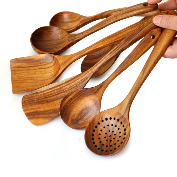 Teak Wood Cooking Utensil Set with Cool-Touch Handles and Nonstick Safe Edges