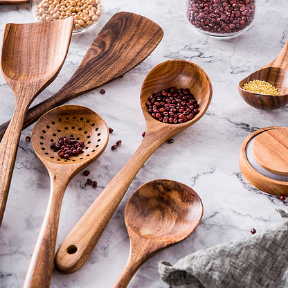 Teak Wood Cooking Utensil Set with Cool-Touch Handles and Nonstick Safe Edges