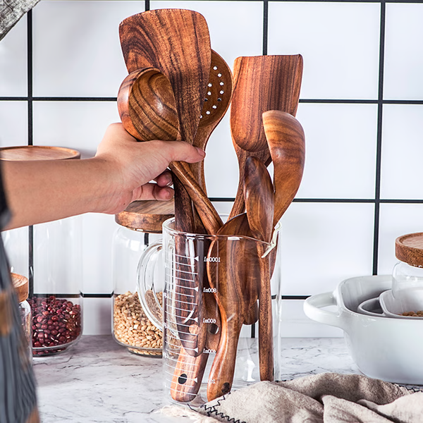 Teak Wood Cooking Utensil Set with Cool-Touch Handles and Nonstick Safe Edges