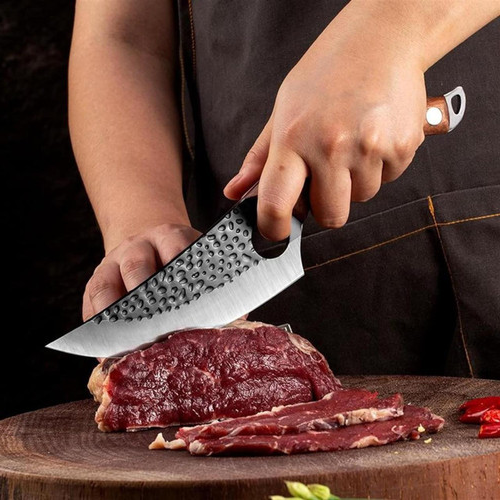 Alloy Kitchen Knife with Cherry Wood Handle and Finger Hole Design