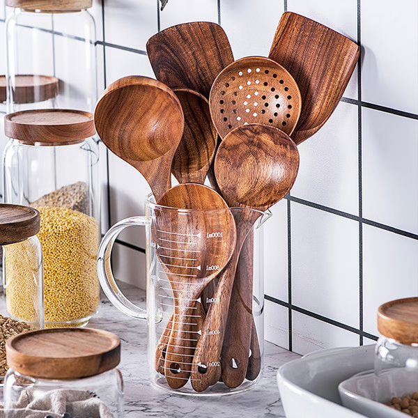 Teak Wood Cooking Utensil Set with Cool-Touch Handles and Nonstick Safe Edges