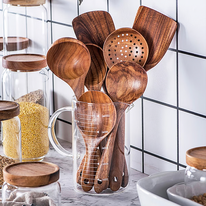 Teak Wood Cooking Utensil Set with Cool-Touch Handles and Nonstick Safe Edges