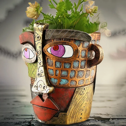 Abstract Face Resin Planter with Carry Handles
