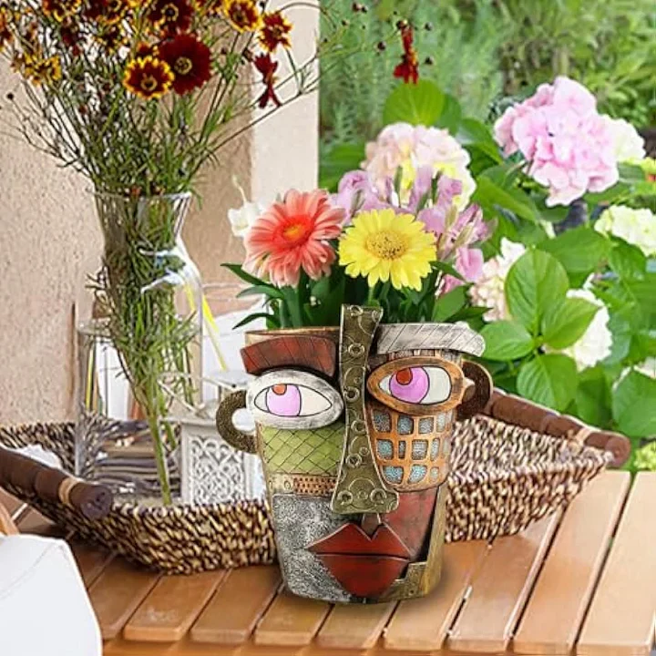 Abstract Face Resin Planter with Carry Handles