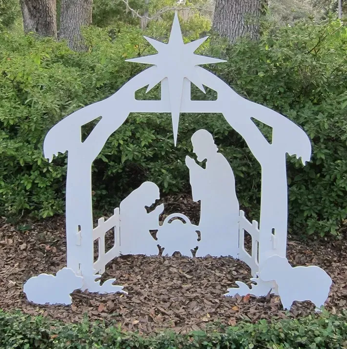 Outdoor Holy Family Nativity Display of Four Thick PVC Pieces with a Stable for Yards and Porches