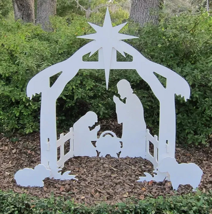 Outdoor Holy Family Nativity Display of Four Thick PVC Pieces with a Stable for Yards and Porches