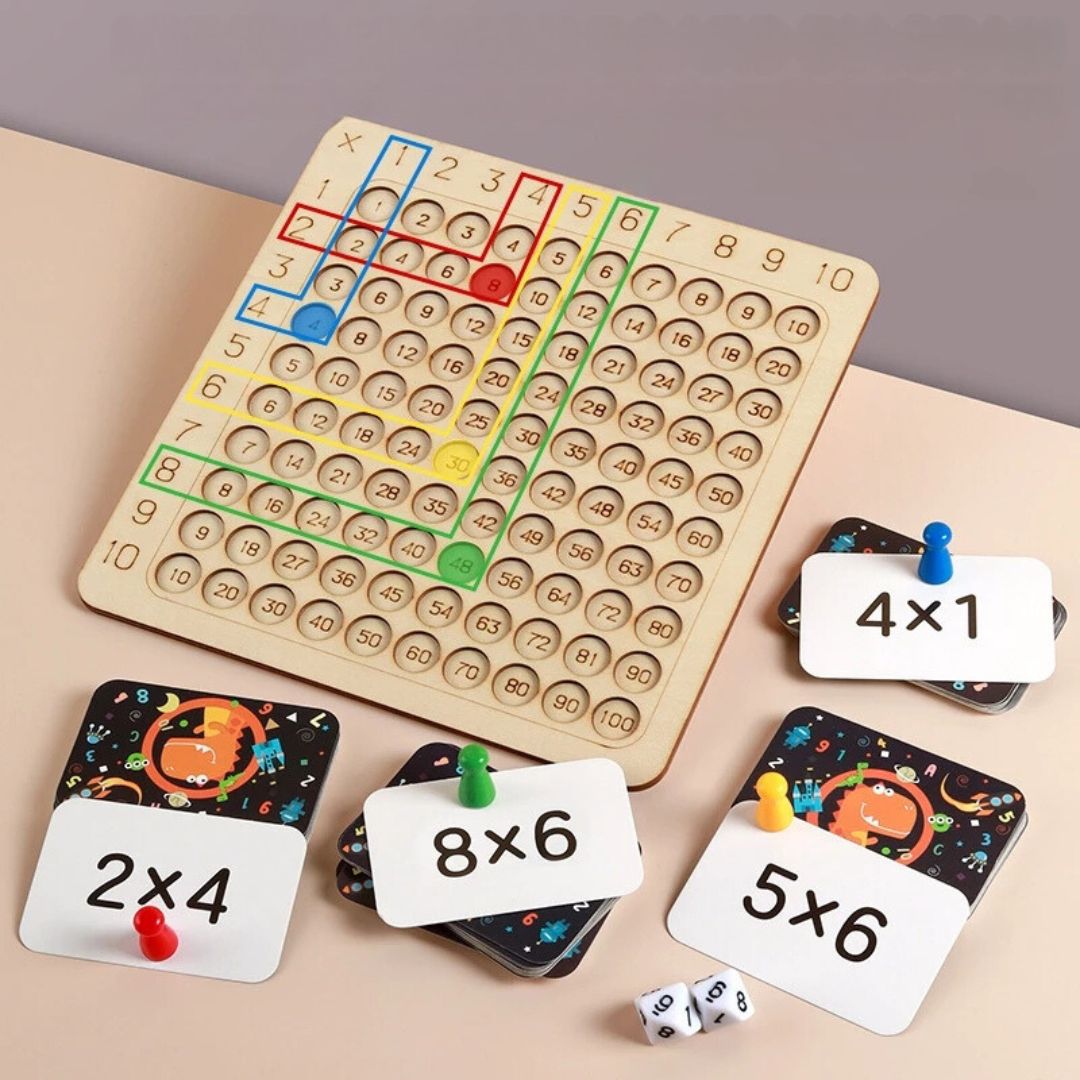 Wooden Board Game with Number Chips and Interactive Cards for Counting, Adding and Multiplying