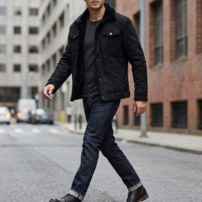 Mens Winter Suede Leather Coat with Fleece Lining and Turn Down Collar