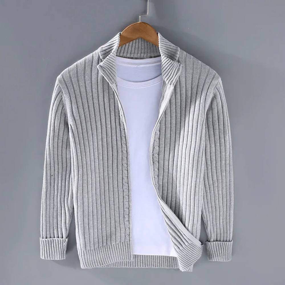 Mens Full Zip Cardigan with Stretch Knit Fabric and Ribbed Cuffs for Daily Wear