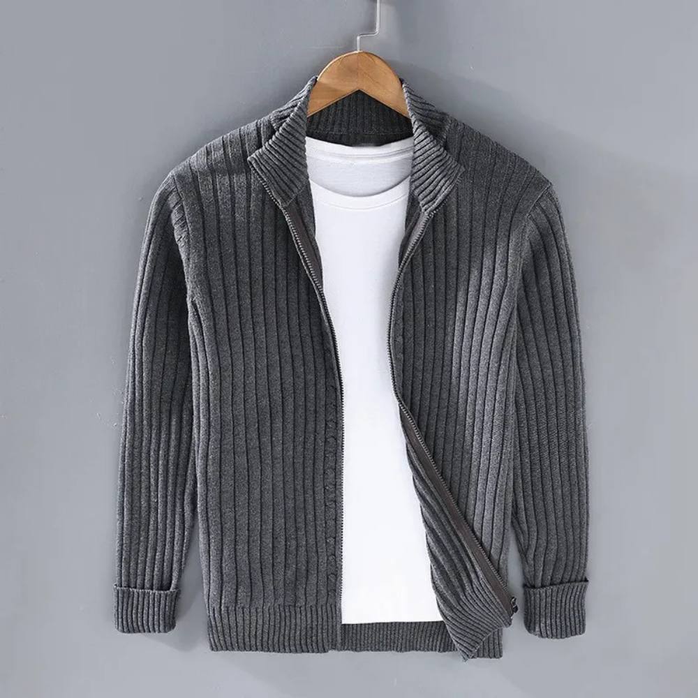 Mens Full Zip Cardigan with Stretch Knit Fabric and Ribbed Cuffs for Daily Wear