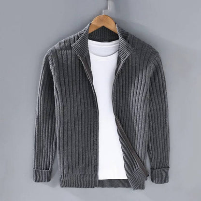 Mens Full Zip Cardigan with Stretch Knit Fabric and Ribbed Cuffs for Daily Wear