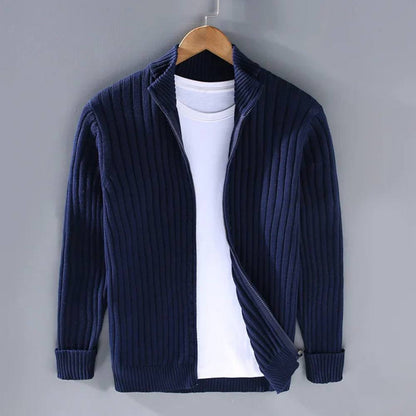 Mens Full Zip Cardigan with Stretch Knit Fabric and Ribbed Cuffs for Daily Wear