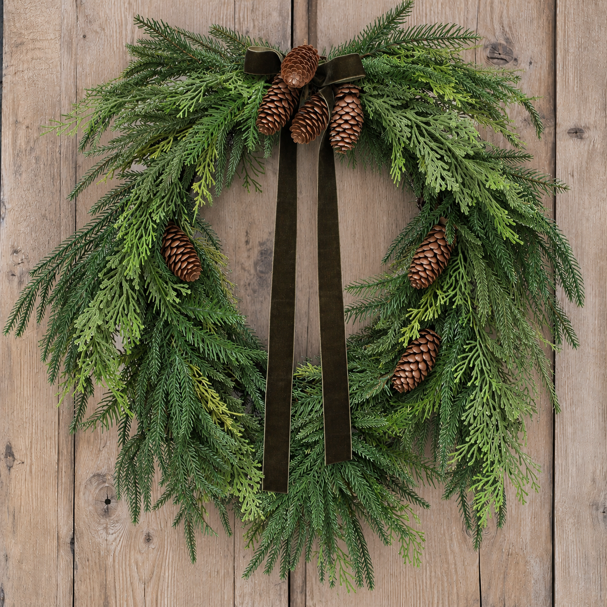 Heart Shaped Pine Wreath with Pinecone Accents and Hunter Green Ribbon, 24 Inches