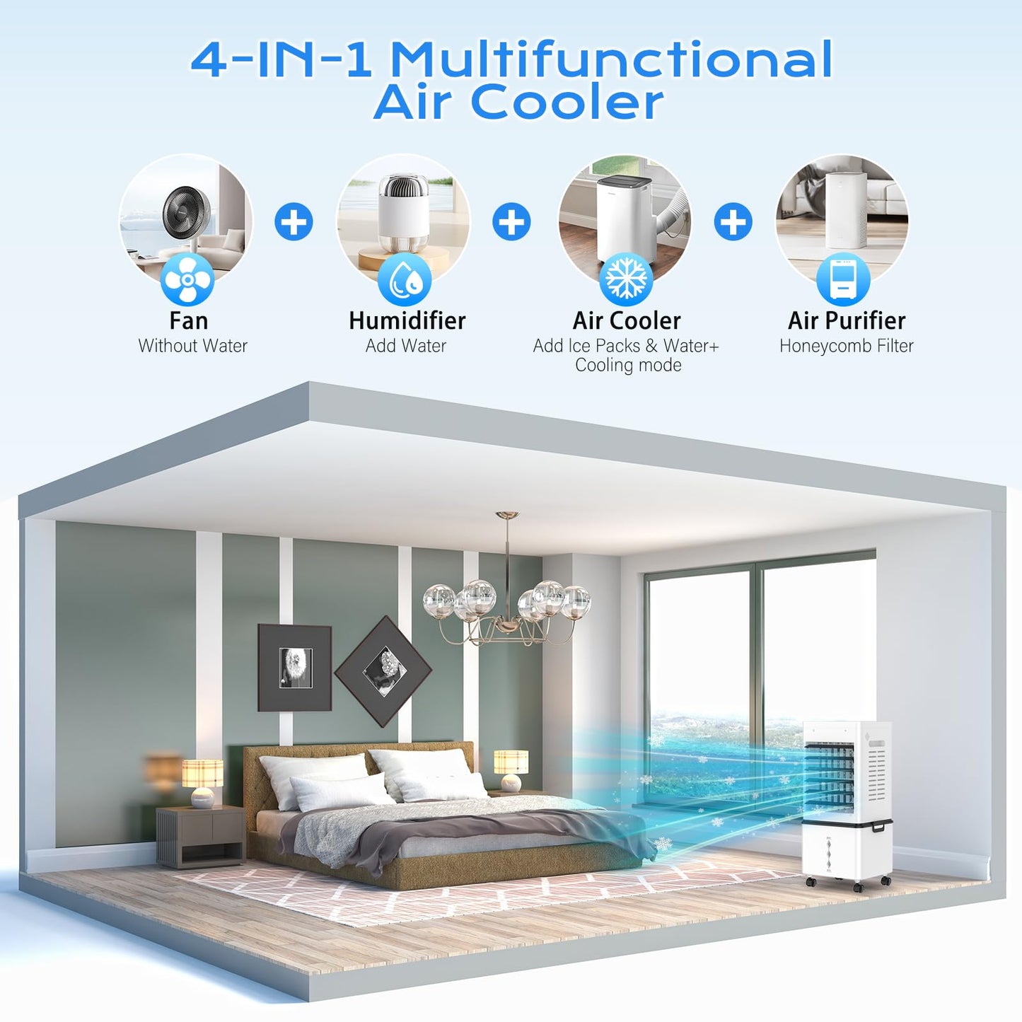 Portable Evaporative Air Cooler for Home, 12L Tank & Timer