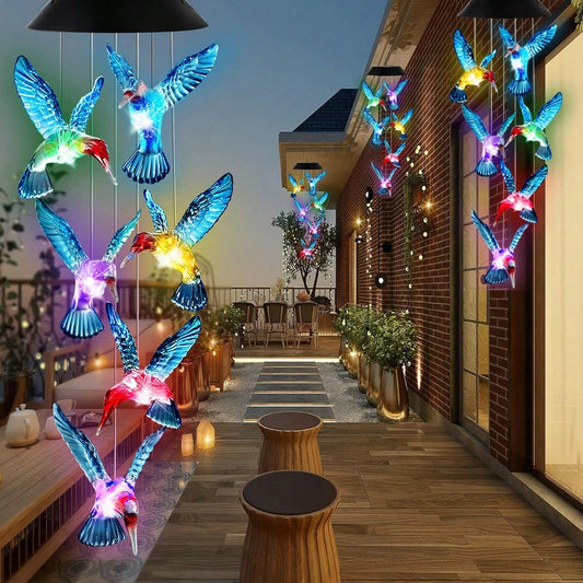 Solar Powered Hummingbird Wind Chime with LED Color Changing Lantern for Garden Decor