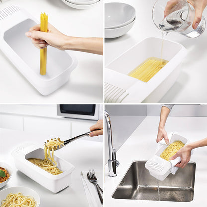 Microwave Pasta Cooker with Built In Strainer for Spaghetti and Vegetable Steaming, Dishwasher Safe