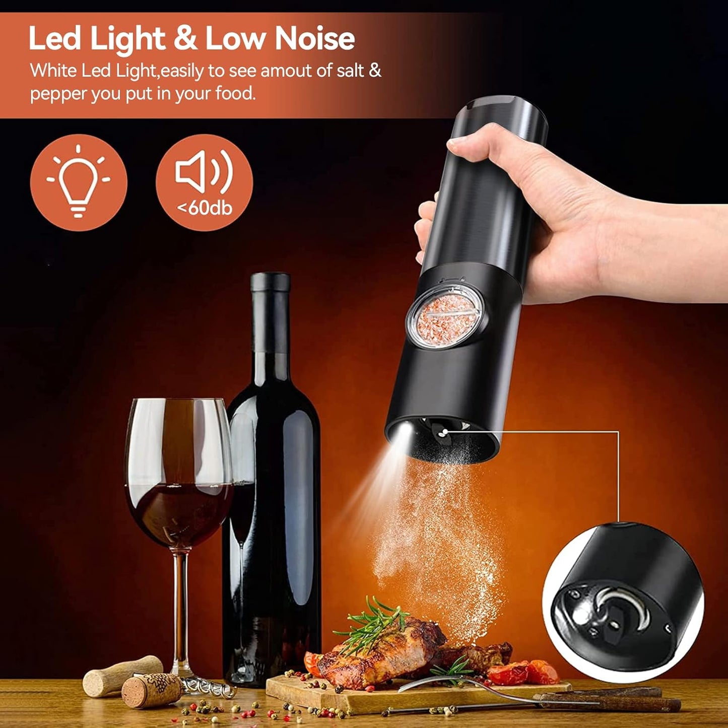 Rechargeable Electric Salt and Pepper Mill Set-Black-Nora Luxe