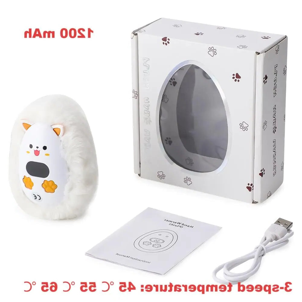 Rechargeable Hand Warmer with Digital Display and Cat Plush Design, 3 Heat Levels