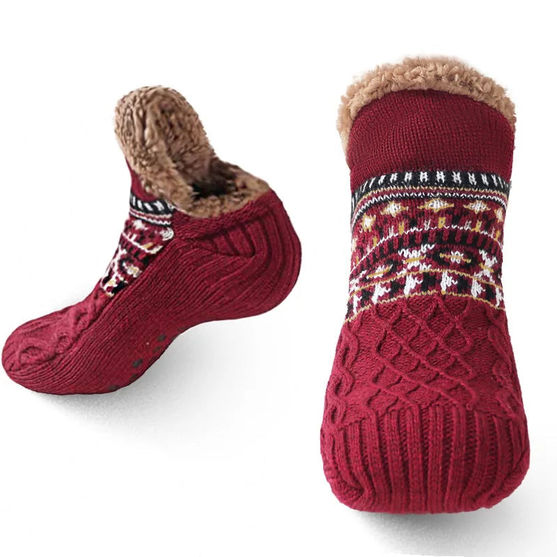 Knit Snow Pattern Socks with a Fleece Lining and Non Slip Grips in Six Colors for Winter
