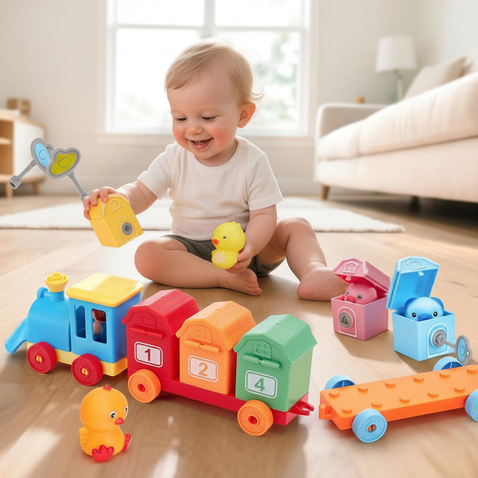 Wooden Train Set with Farm Animals and Numbered Cars for Counting and Sorting Activities