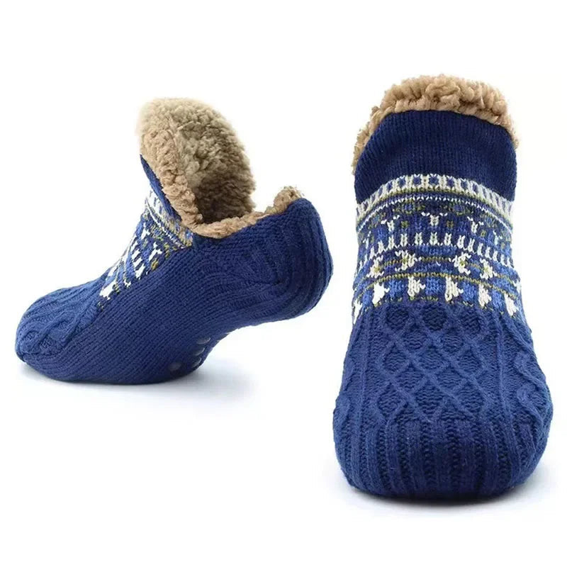 Knit Snow Pattern Socks with a Fleece Lining and Non Slip Grips in Six Colors for Winter