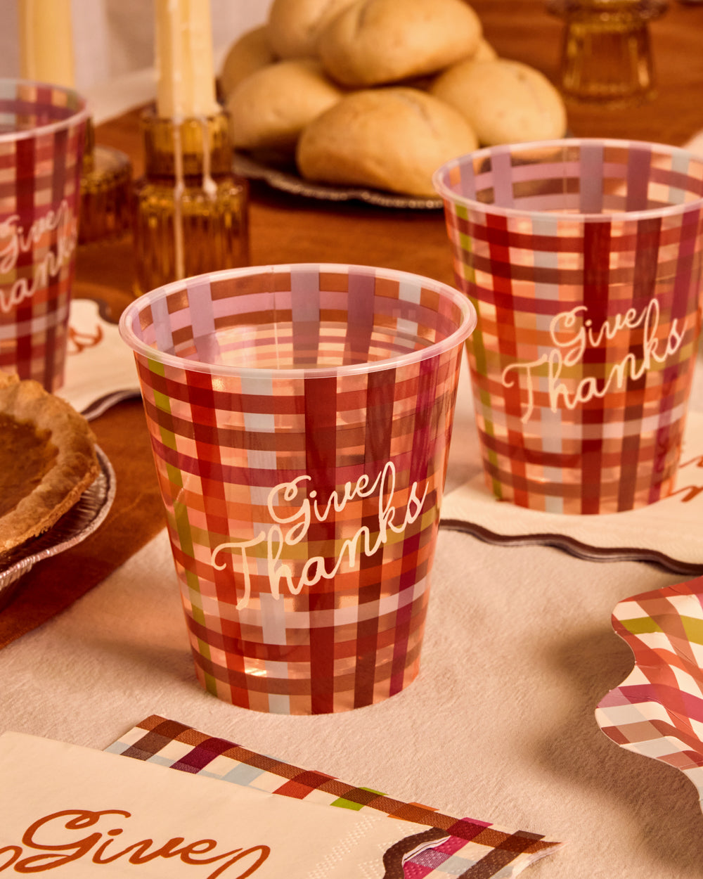 Plaid Paper Cups for Thanksgiving with Give Thanks Script, 16-Count