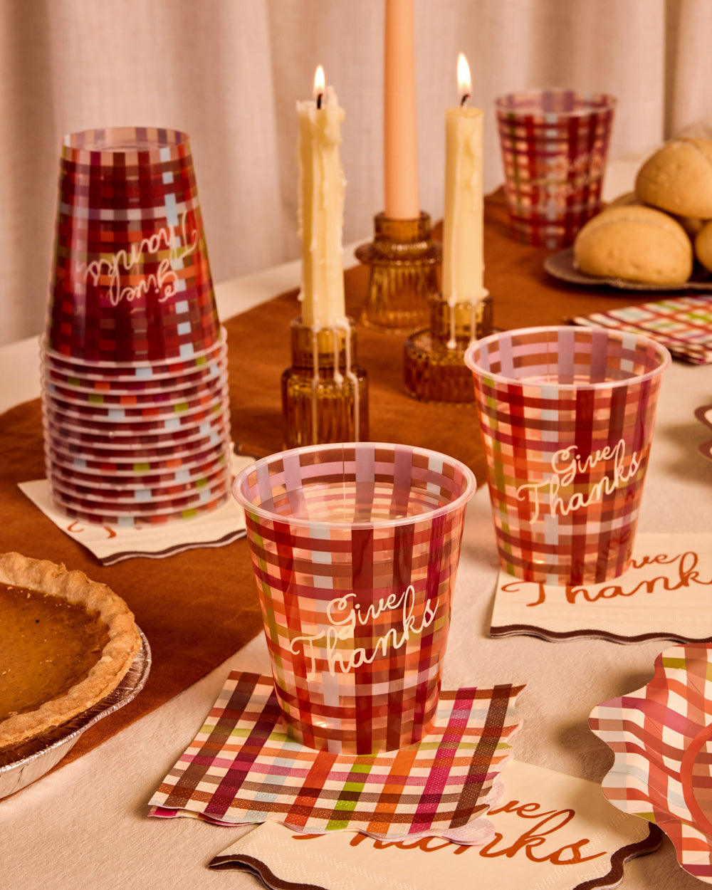 Plaid Paper Cups for Thanksgiving with Give Thanks Script, 16-Count