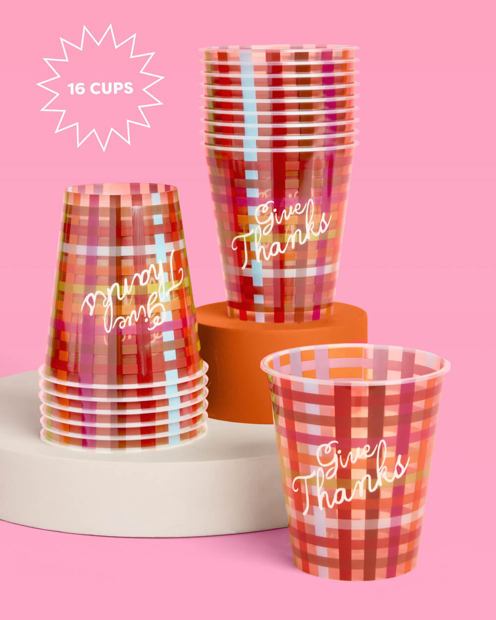 Plaid Paper Cups for Thanksgiving with Give Thanks Script, 16-Count