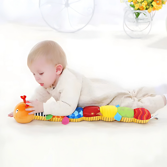 Soft musical caterpillar plush toy with colorful segments for baby sensory play & early learning