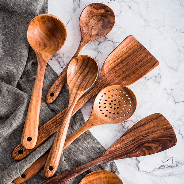 Teak Wood Cooking Utensil Set with Cool-Touch Handles and Nonstick Safe Edges