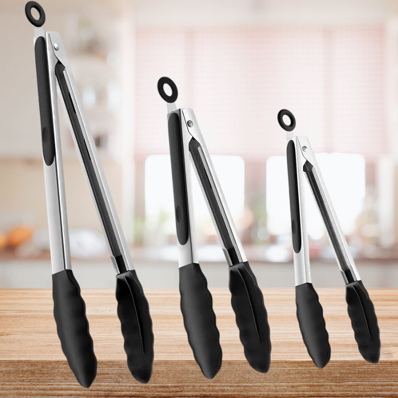 Stainless Steel Kitchen Tongs with Silicone Heads and Locking Mechanism, 3 Piece Set