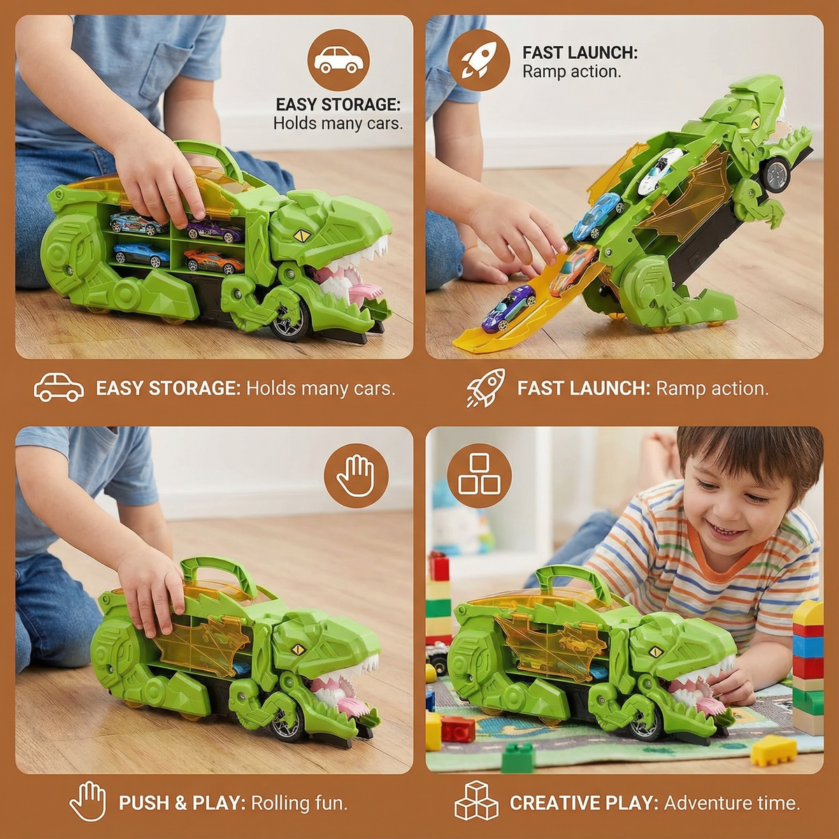 Dinosaur Truck Toy That Transforms and Swallows Two Cars with Flashing Lights in Blue Green Or Red