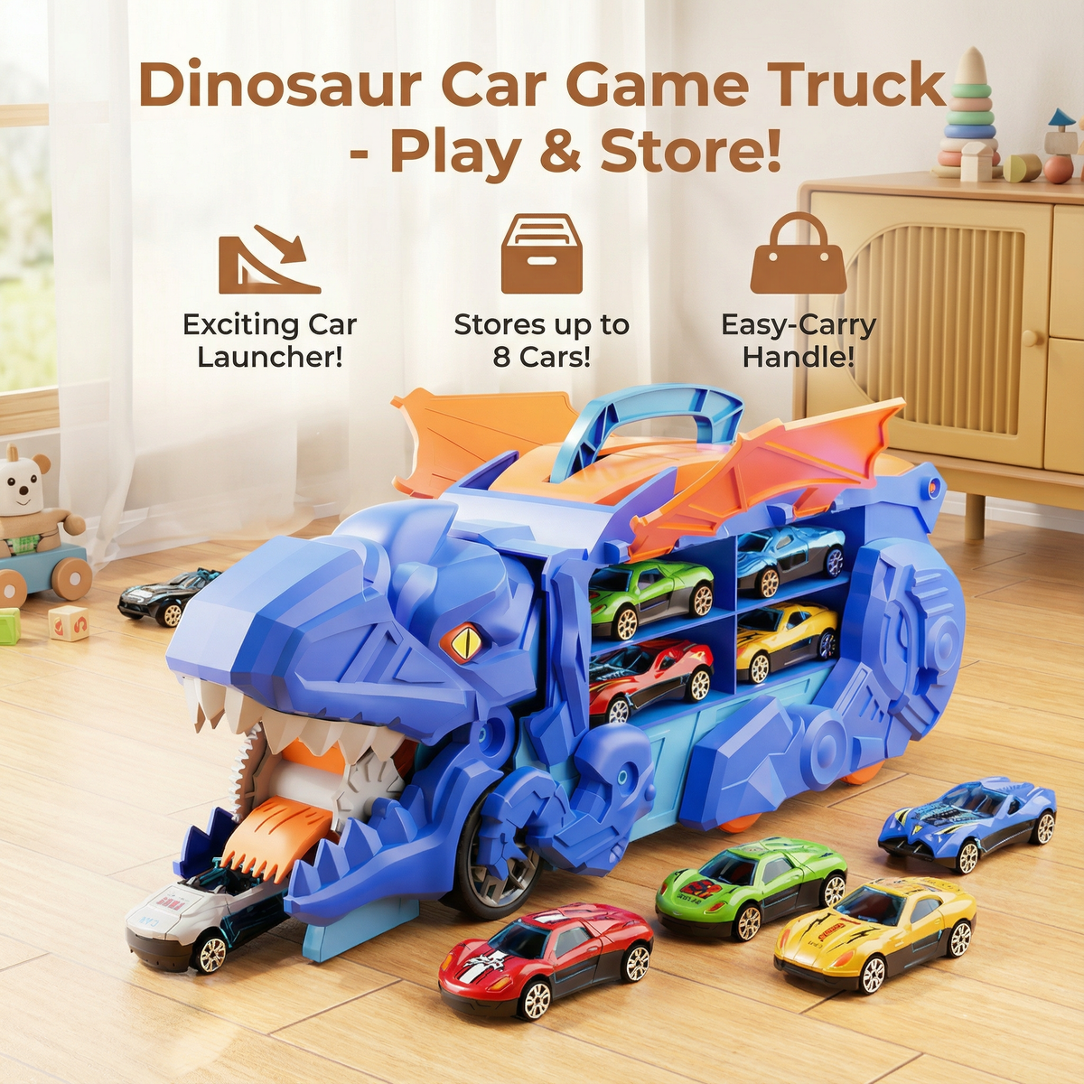 Dinosaur Truck Toy That Transforms and Swallows Two Cars with Flashing Lights in Blue Green Or Red