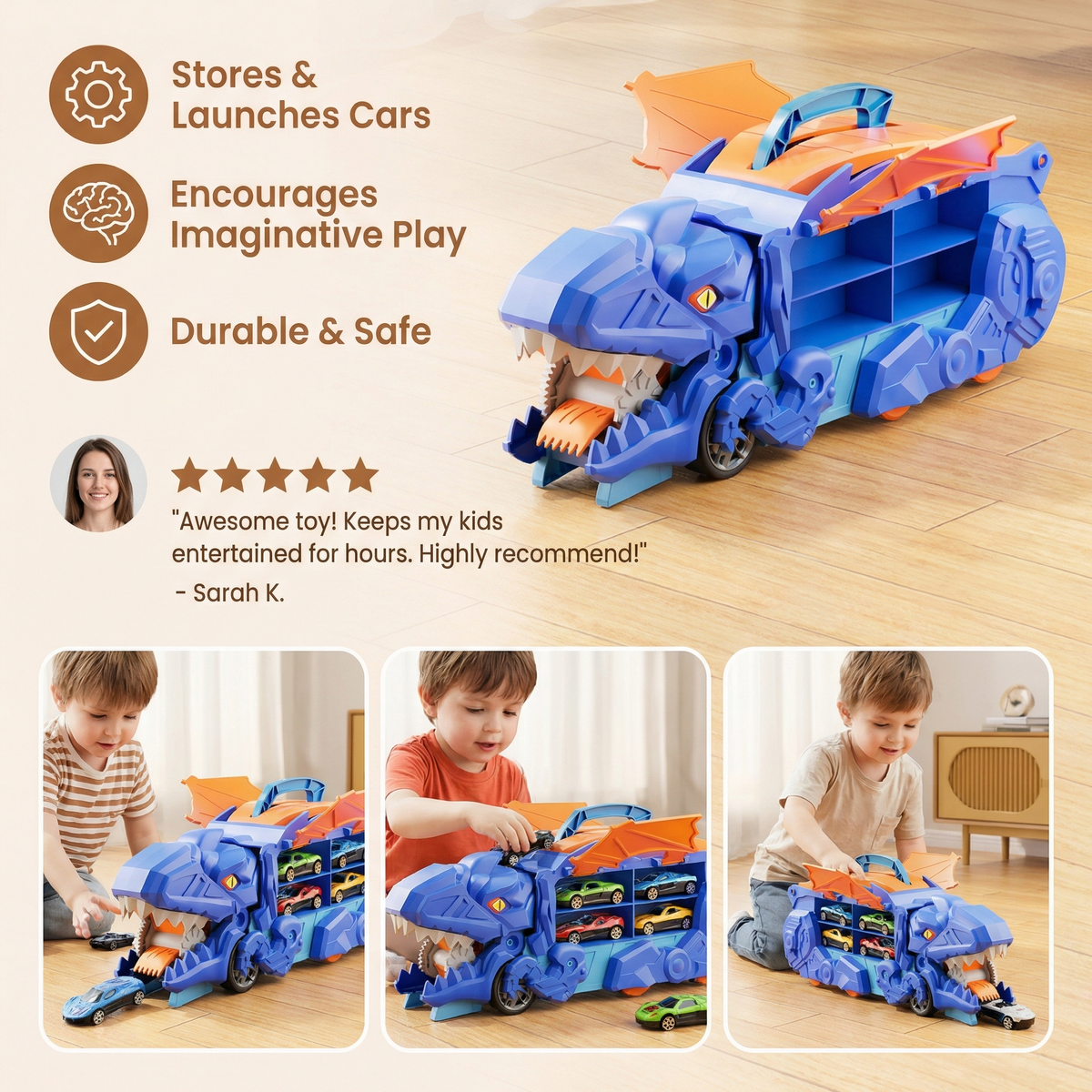 Dinosaur Truck Toy That Transforms and Swallows Two Cars with Flashing Lights in Blue Green Or Red