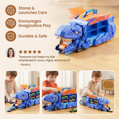 Dinosaur Truck Toy That Transforms and Swallows Two Cars with Flashing Lights in Blue Green Or Red