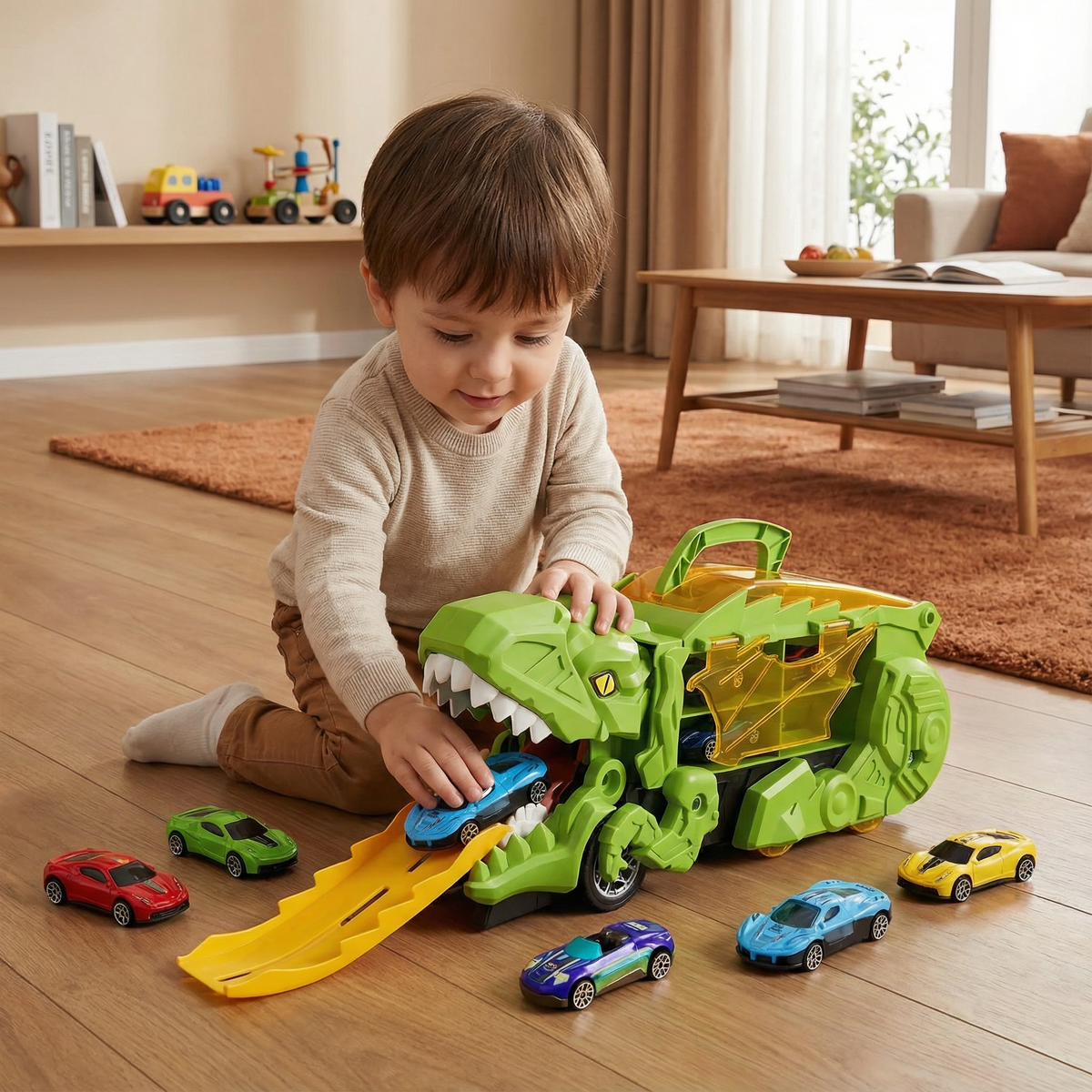 Dinosaur Truck Toy That Transforms and Swallows Two Cars with Flashing Lights in Blue Green Or Red