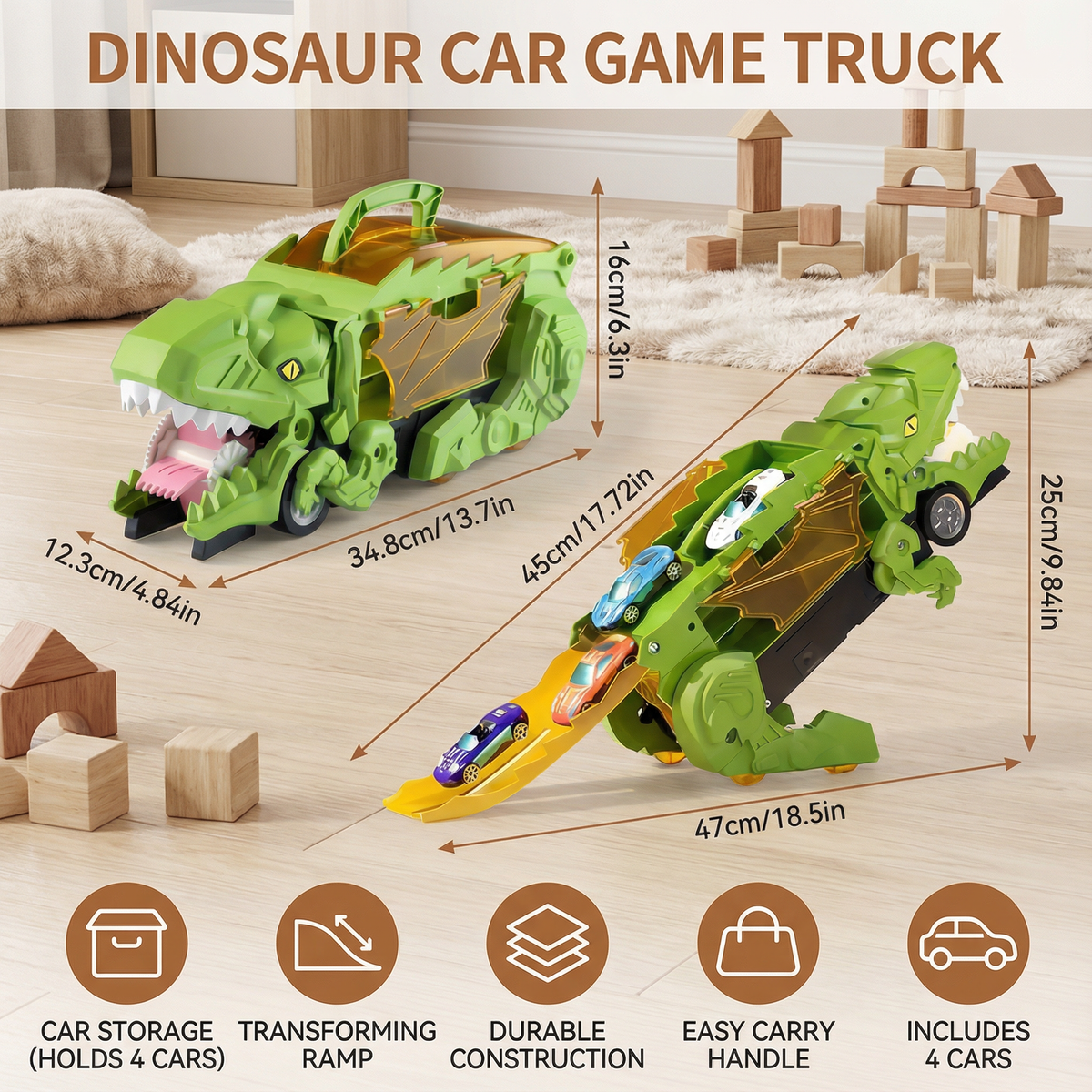 Dinosaur Truck Toy That Transforms and Swallows Two Cars with Flashing Lights in Blue Green Or Red