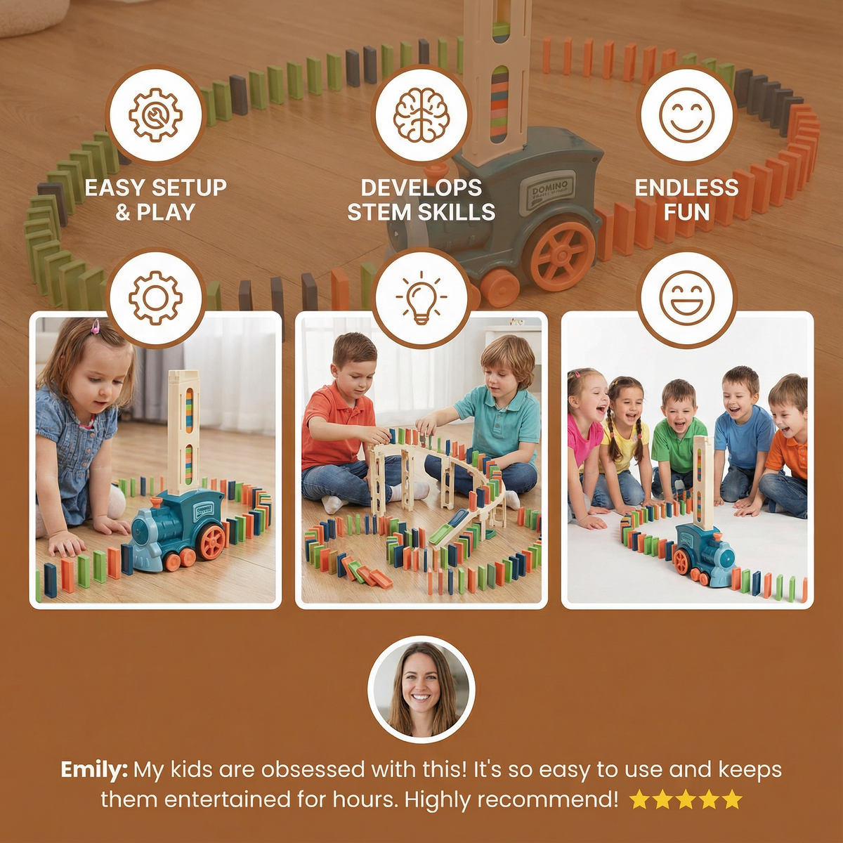 Domino Laying Train in Blue Or Pink with 60 Dominoes and Add on Packs of 100 Or 200