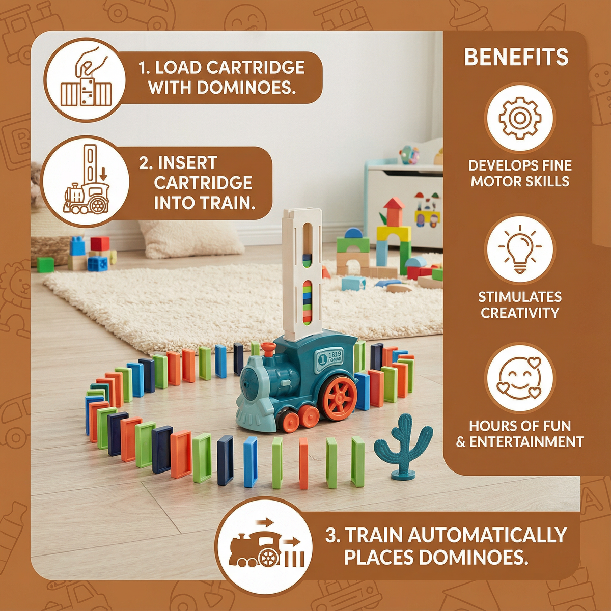 Domino Laying Train in Blue Or Pink with 60 Dominoes and Add on Packs of 100 Or 200