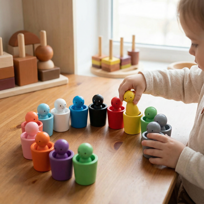 Wooden Cup Sorting Toy with Colorful Figures for Toddler Matching and Stacking Practice