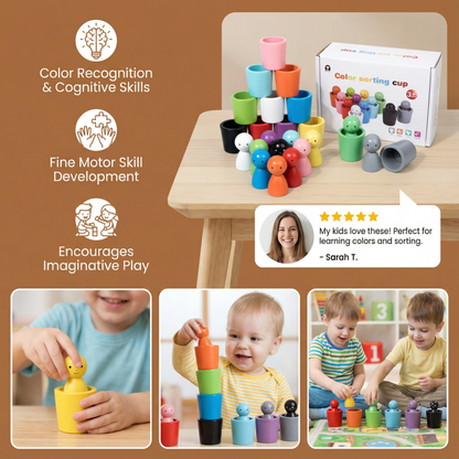 Wooden Cup Sorting Toy with Colorful Figures for Toddler Matching and Stacking Practice