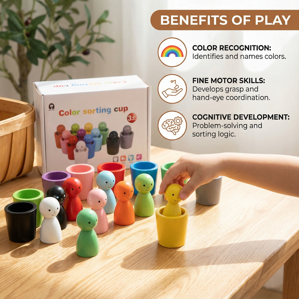 Wooden Cup Sorting Toy with Colorful Figures for Toddler Matching and Stacking Practice