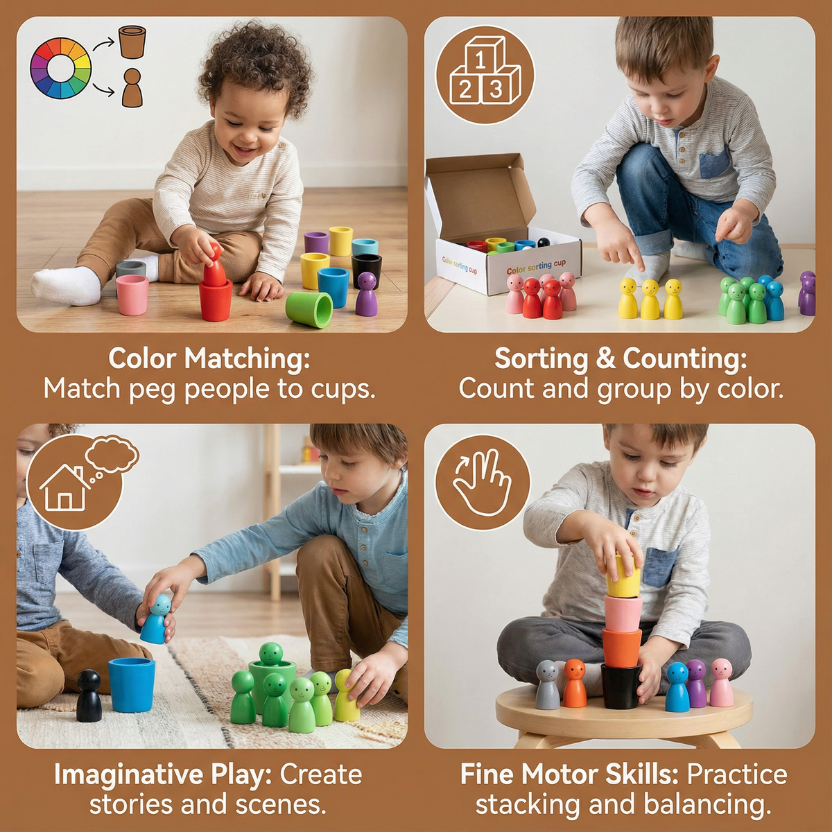 Wooden Cup Sorting Toy with Colorful Figures for Toddler Matching and Stacking Practice