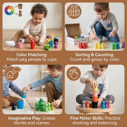 Wooden Cup Sorting Toy with Colorful Figures for Toddler Matching and Stacking Practice