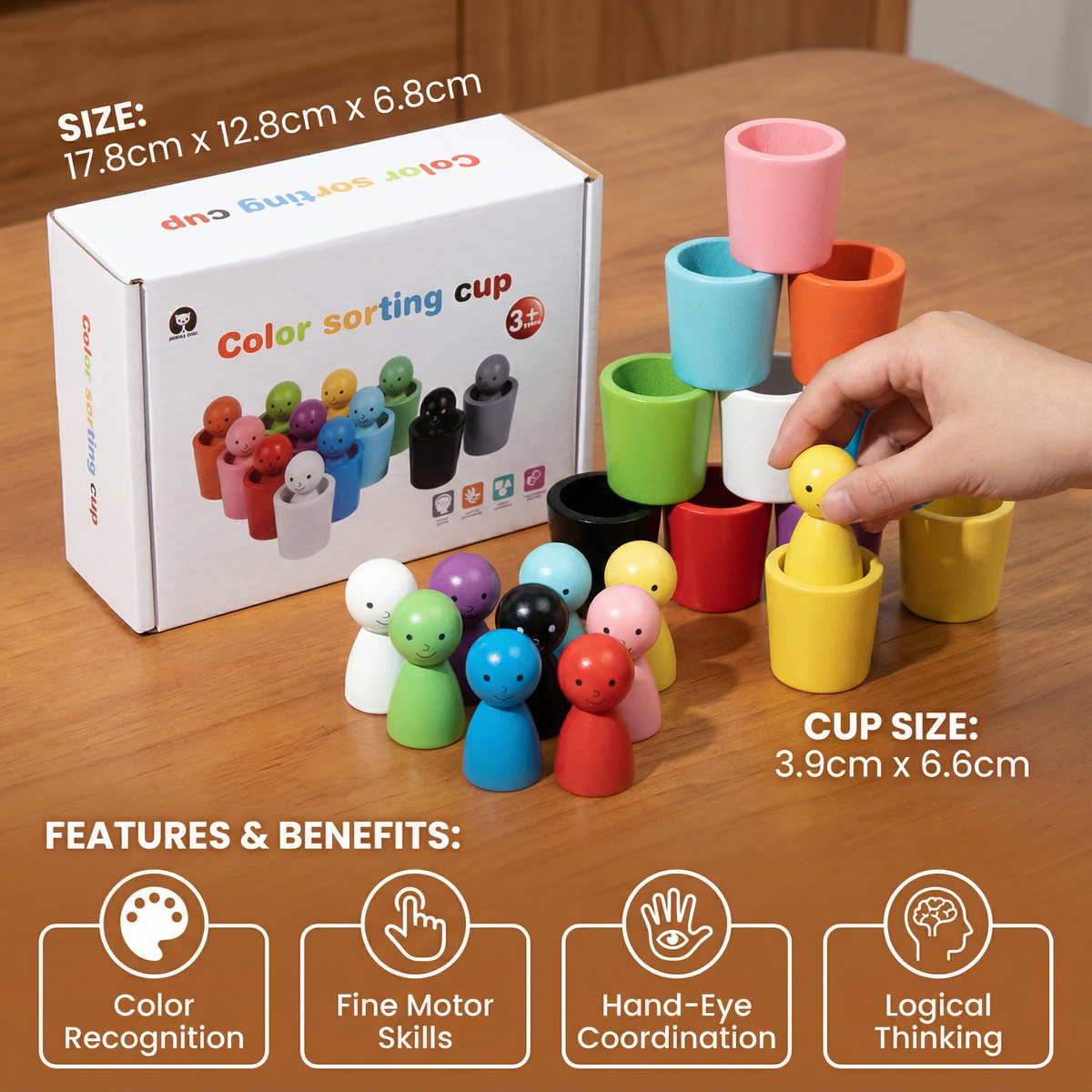 Wooden Cup Sorting Toy with Colorful Figures for Toddler Matching and Stacking Practice