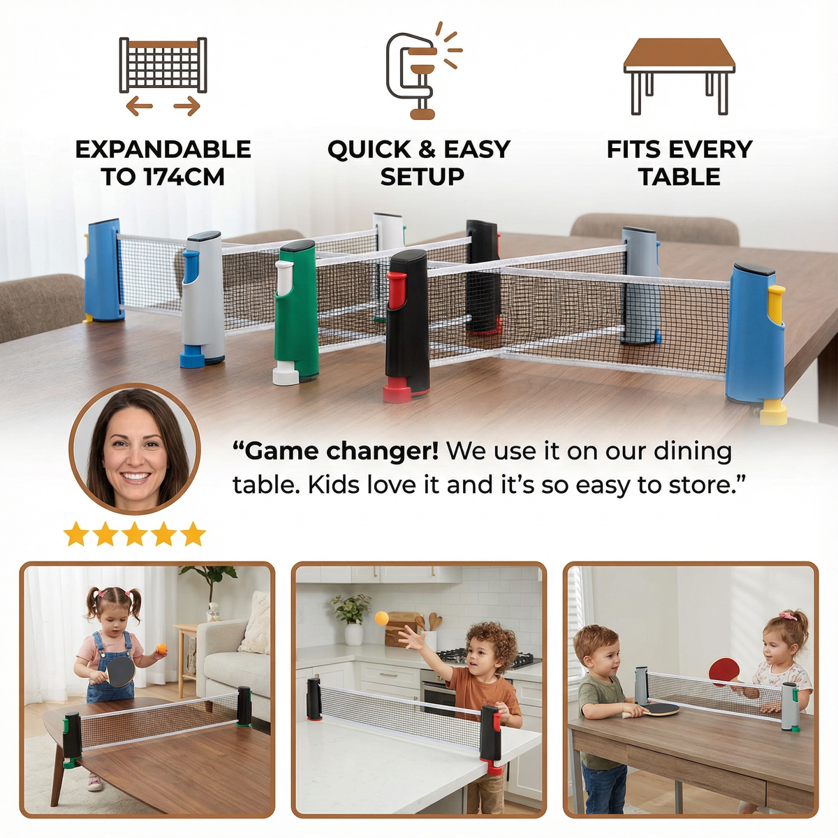 Adjustable Table Tennis Net for Any Table Shape, Quick Setup, in Four Colors