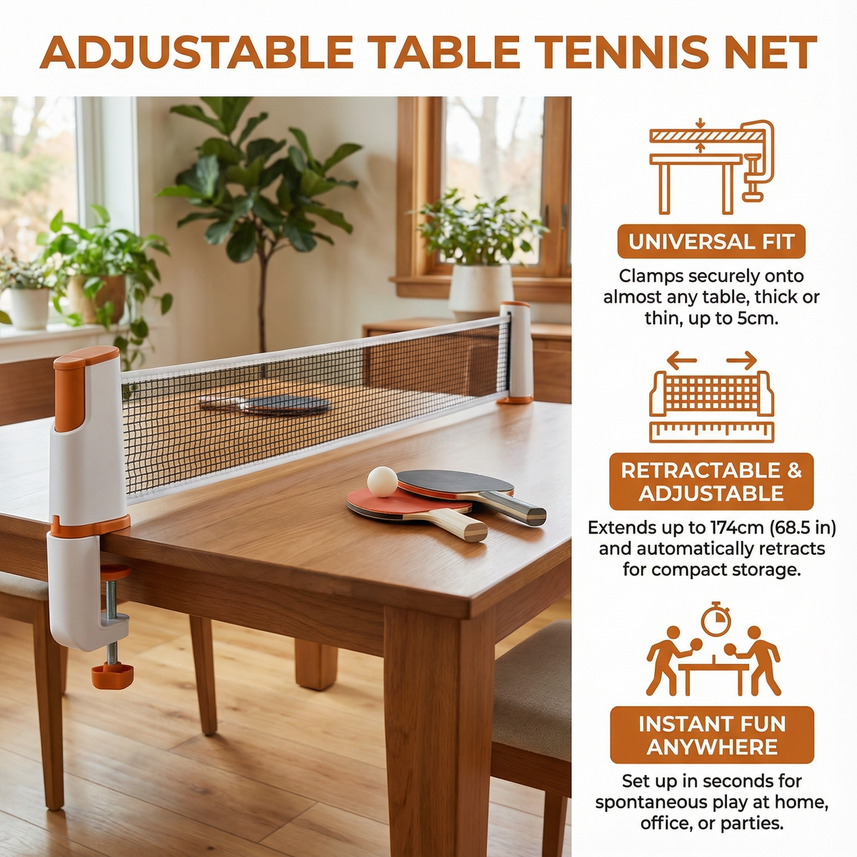 Adjustable Table Tennis Net for Any Table Shape, Quick Setup, in Four Colors